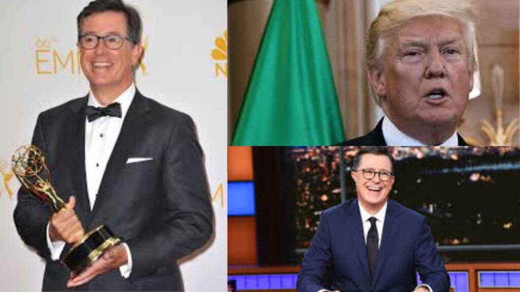 Stephen Colbert hosting ‘The Late Show,’ delivering sharp comments on Donald Trump and entertaining millions worldwide.