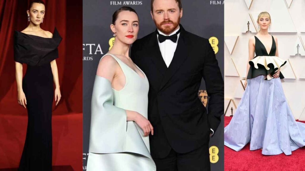 Saoirse Ronan and Jack Lowden 2025 BAFTA red carpet date night in custom Louis Vuitton gown, showcasing their rare public outing.