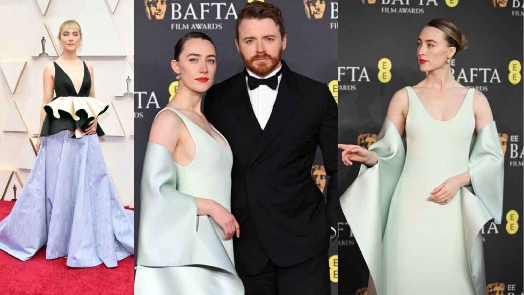 Saoirse Ronan and Jack Lowden 2025 BAFTA red carpet date night in custom Louis Vuitton gown, showcasing their rare public outing.

