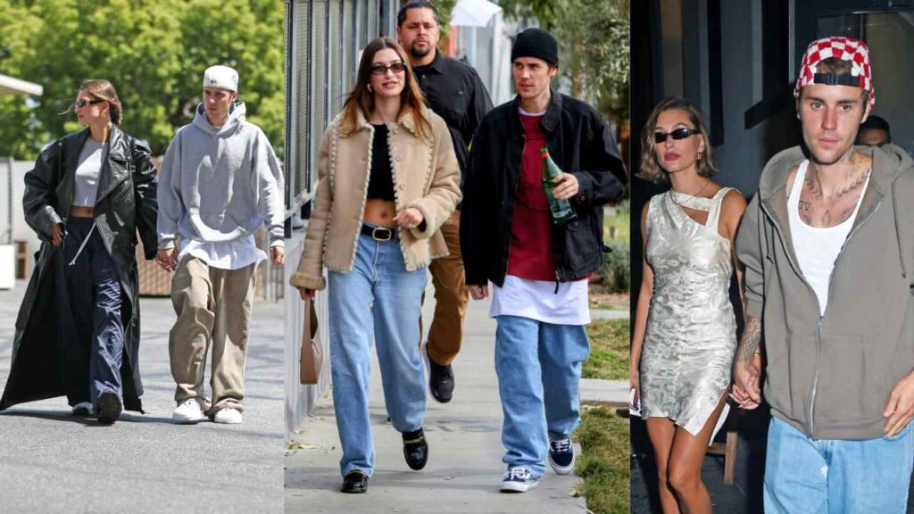 "Justin and Hailey Bieber in NYC amid divorce rumors. Hailey in chic monochrome, Justin in edgy streetwear, walking with baby Jack."