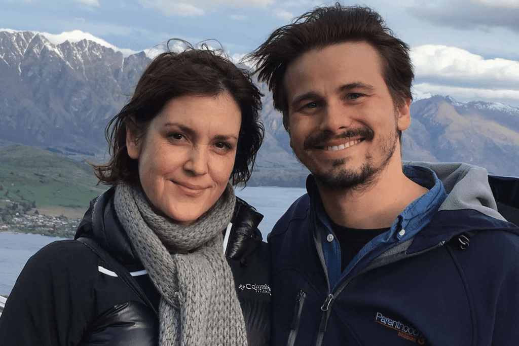 Jason Ritter and Melanie Lynskey sharing a heartfelt moment together.