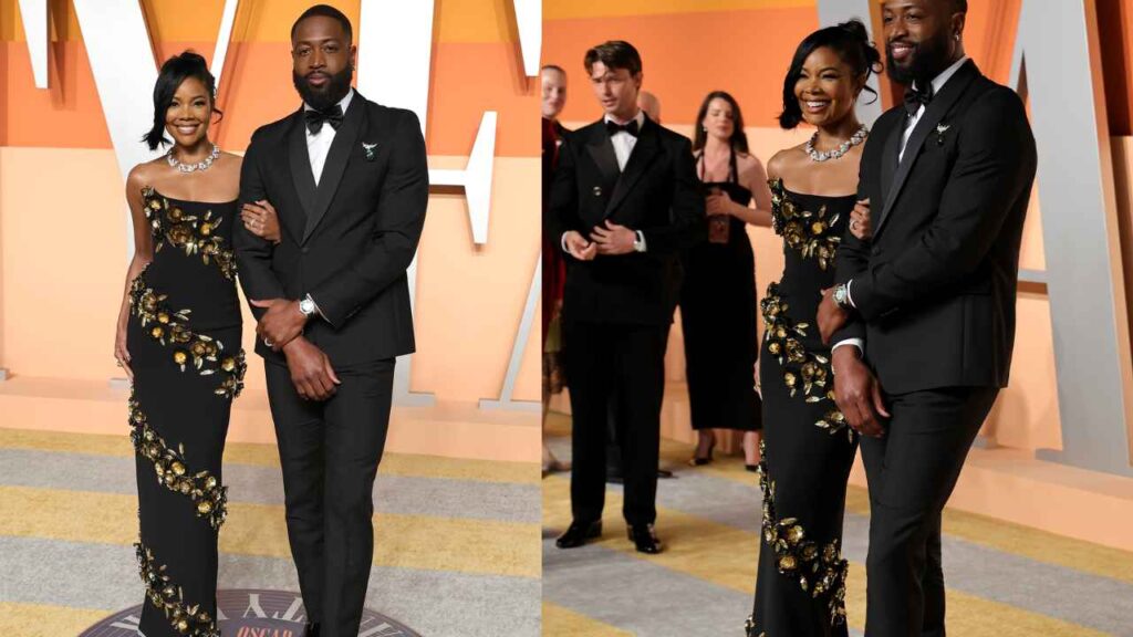 Gabrielle Union and Dwyane Wade dazzle in elegant outfits at the Oscar party, radiating charm and style on the red carpet.