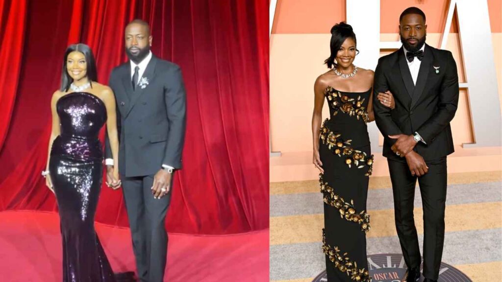 Gabrielle Union and Dwyane Wade dazzle in elegant outfits at the Oscar party, radiating charm and style on the red carpet.