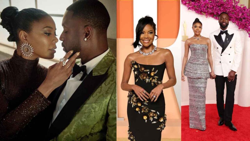 Gabrielle Union and Dwyane Wade dazzle in elegant outfits at the Oscar party, radiating charm and style on the red carpet.