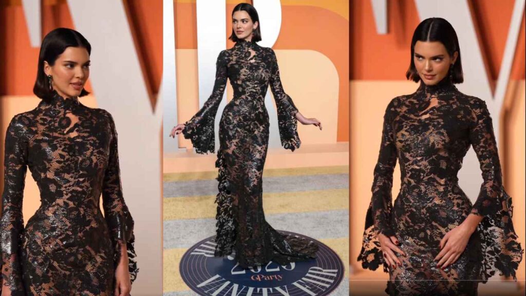  Kendall Jenner stuns in a daring sheer Mugler gown at the 2025 Vanity Fair Oscar After-Party, exuding confidence and elegance on the red carpet.