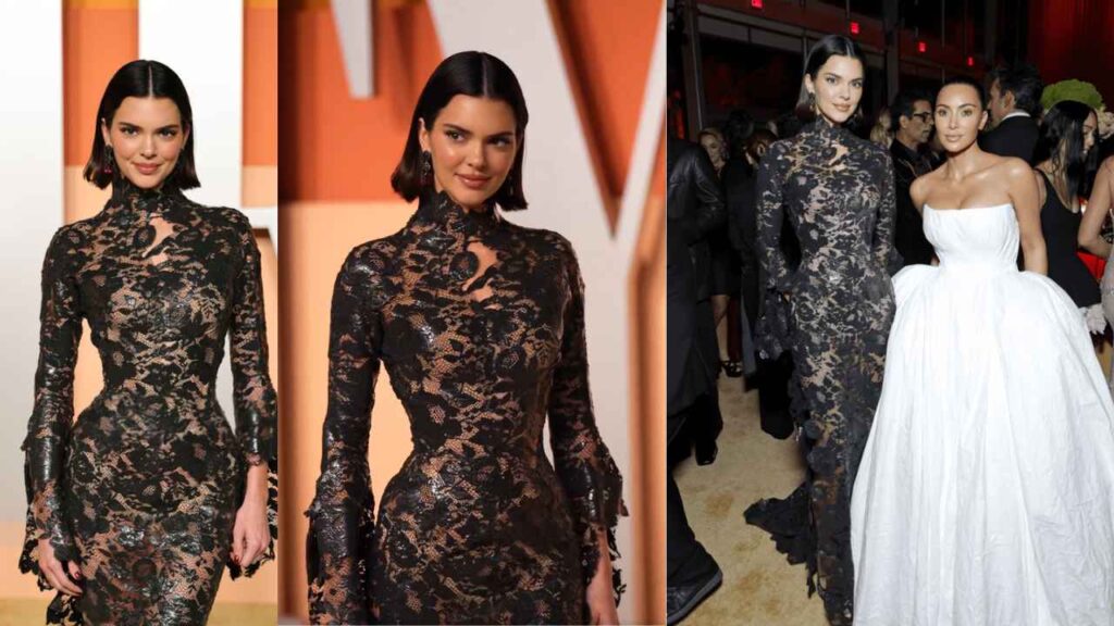  Kendall Jenner stuns in a daring sheer Mugler gown at the 2025 Vanity Fair Oscar After-Party, exuding confidence and elegance on the red carpet.