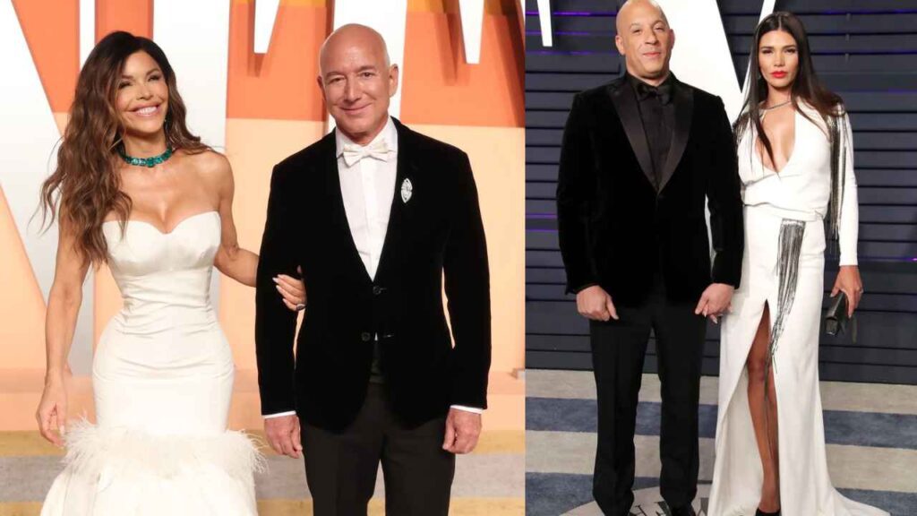 Lauren Sanchez and Jeff Bezos stun in bridal-inspired glam at the 2025 Vanity Fair Oscar Party, turning heads with their elegant and dazzling look