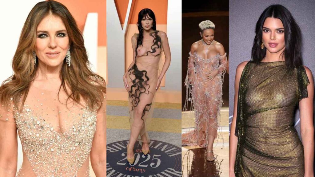 Celebrities embrace bold naked fashion at Oscar after-parties, turning heads with daring sheer and barely-there outfits.